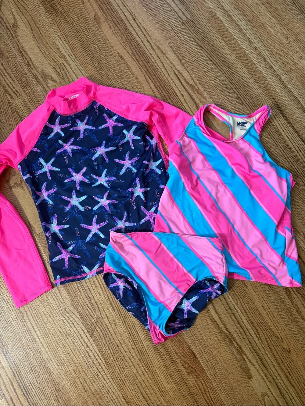 Lands' End Girls' Neon Pink & Blue Starfish Rashguard Swim Set
